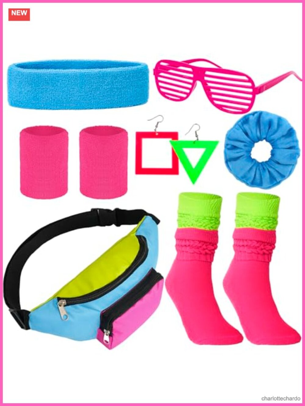 80s Neon Costume Accessory Set Leg Warmers Headband Wristband Fanny Pack